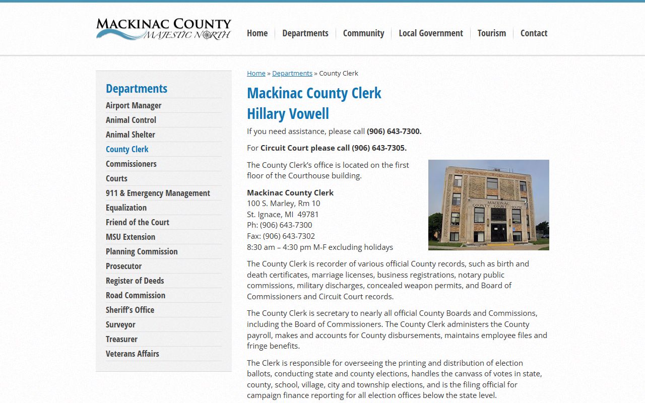 Mackinac County Clerk page for court and vital records requests