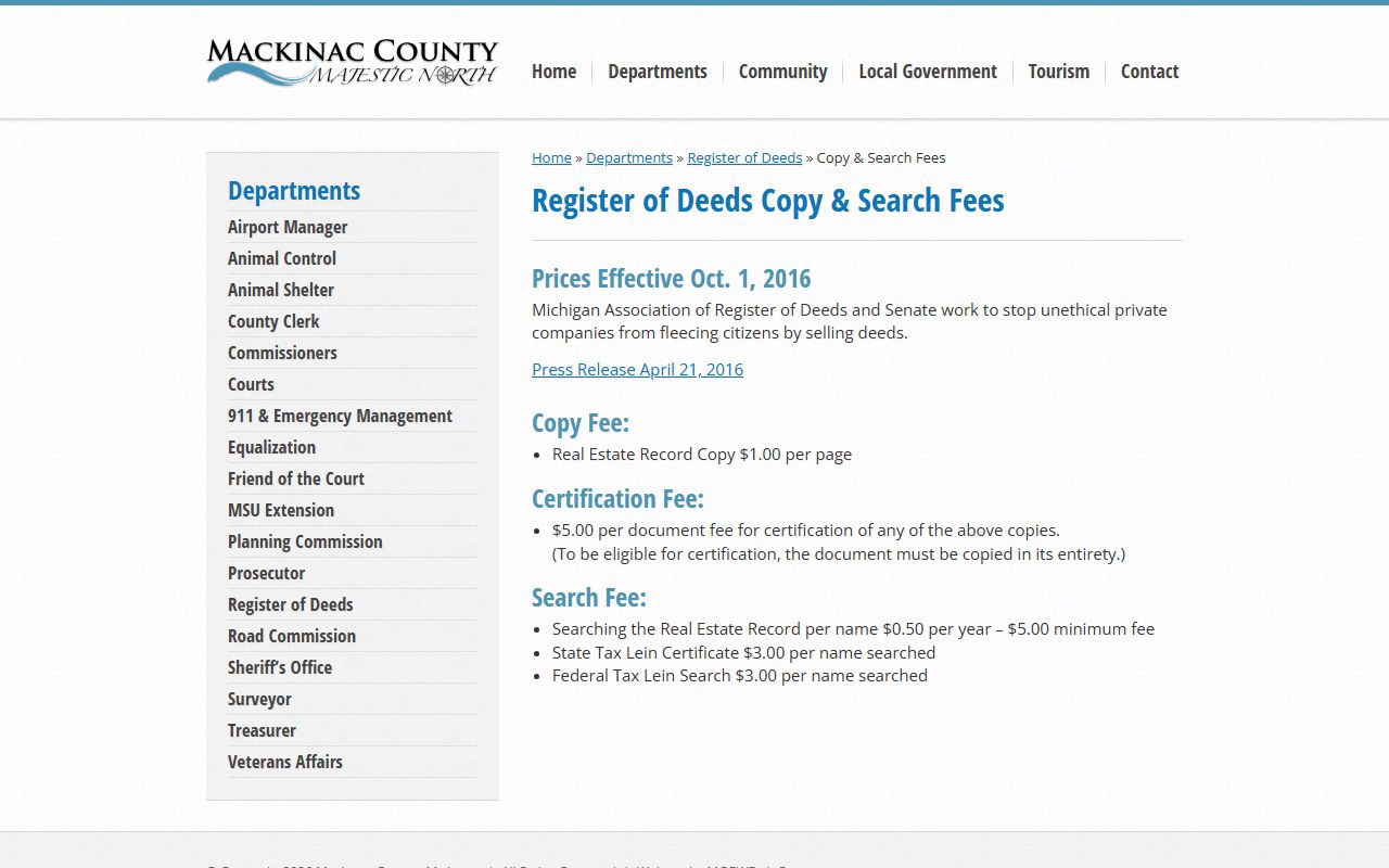 Mackinac County Register of Deeds copy and search fees for records requests