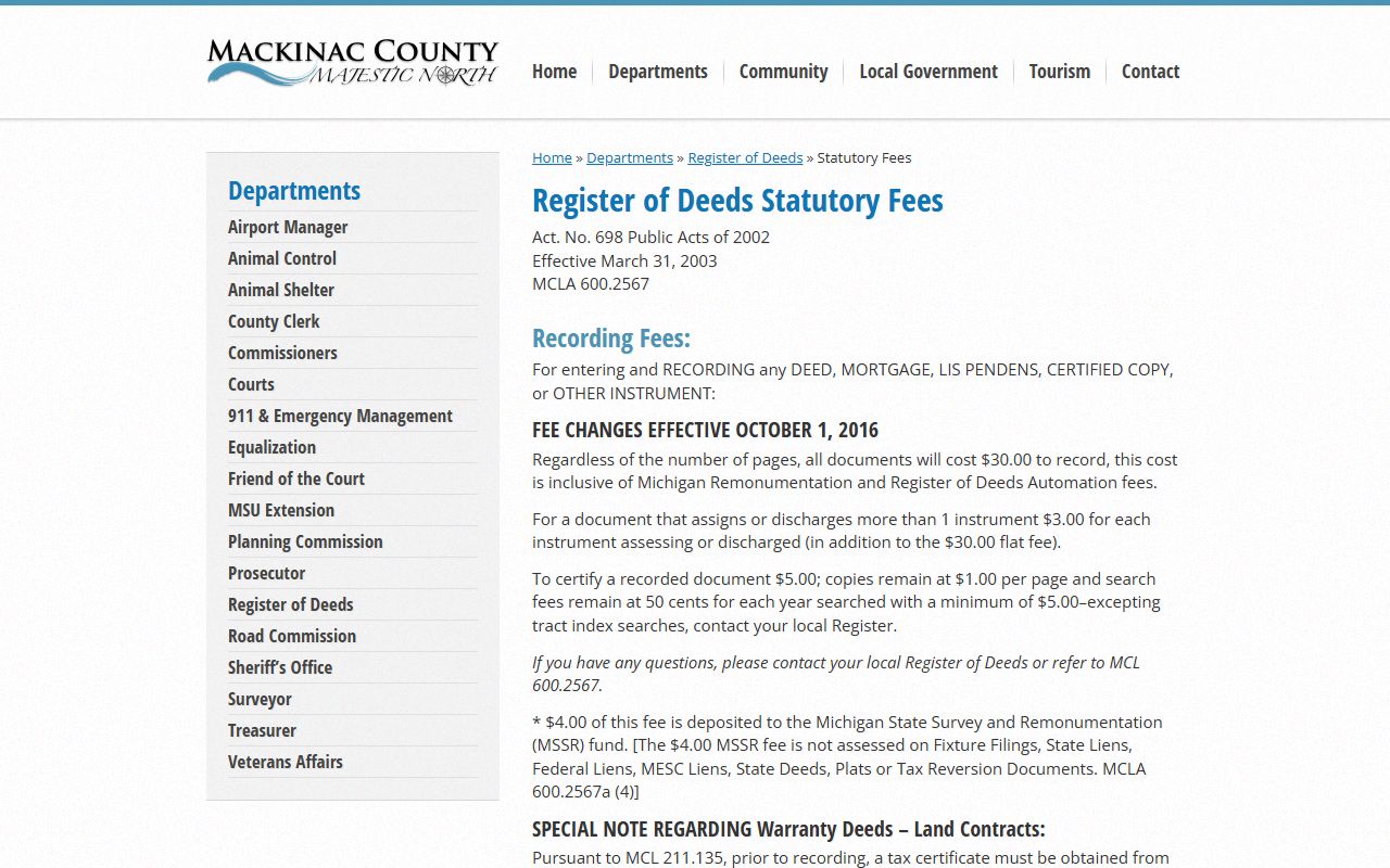Mackinac County Register of Deeds statutory fees for record copies