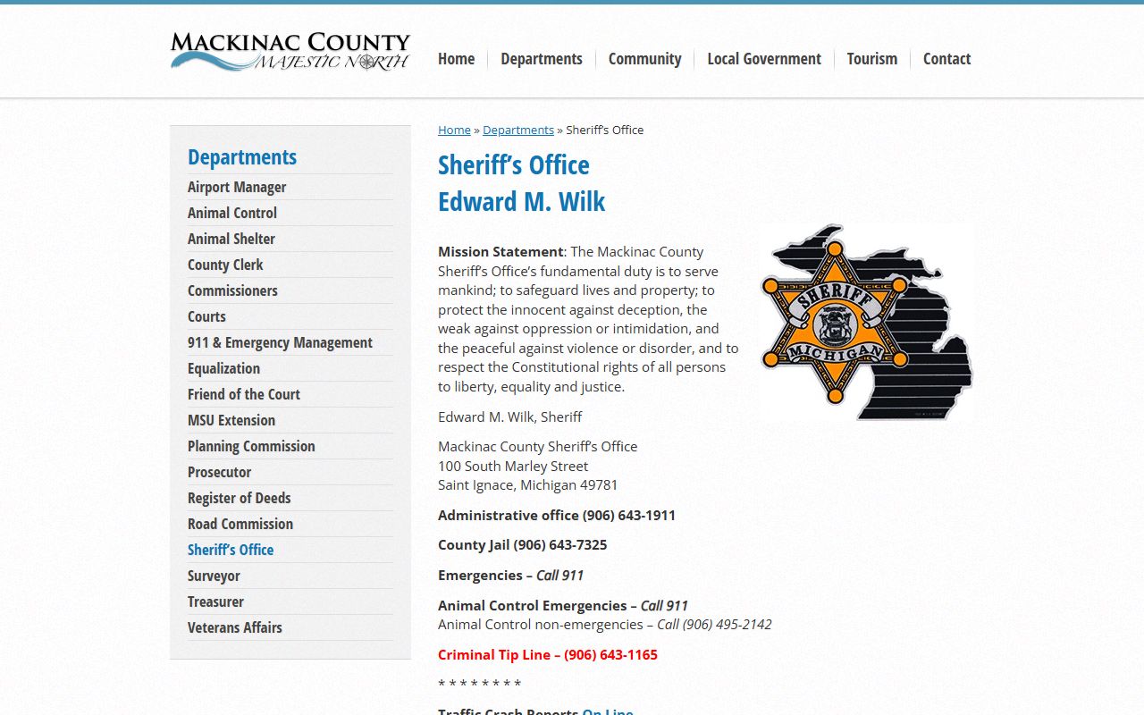 Mackinac County Sheriff's Office page tied to arrest records and booking
