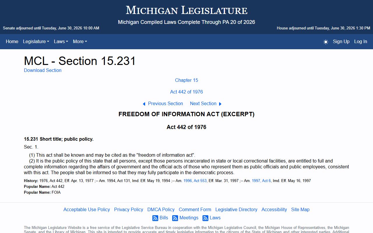 Michigan FOIA policy section governing Mackinac County arrest and charge records