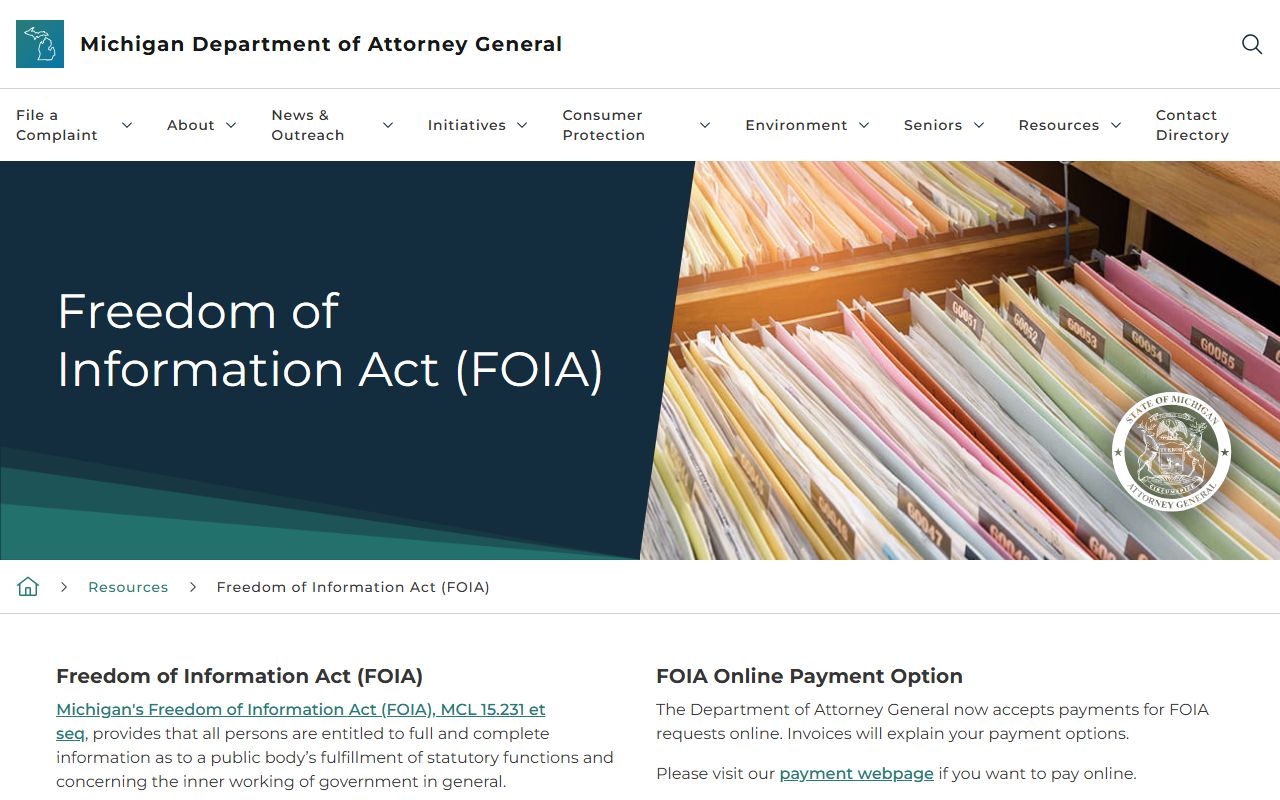 Michigan Attorney General FOIA page used for Mackinac County arrest records requests