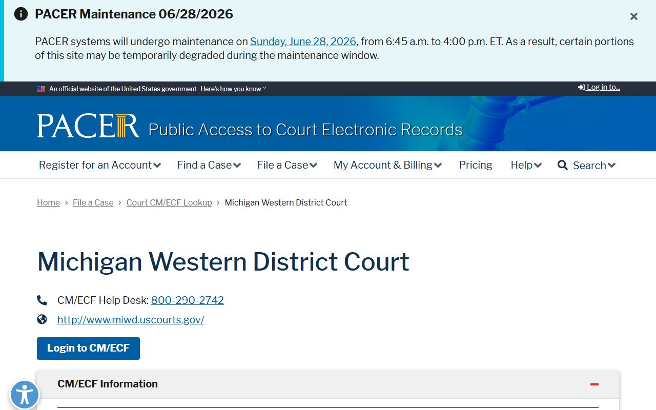 Mackinac County federal court dockets via the PACER Western District lookup