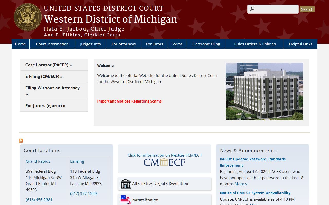 Mackinac County federal court dockets on the Western District of Michigan site