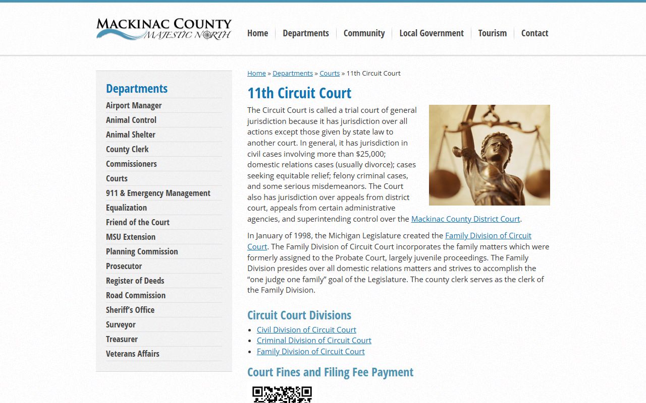 Mackinac County 11th Circuit Court page for felony, divorce, and civil court records