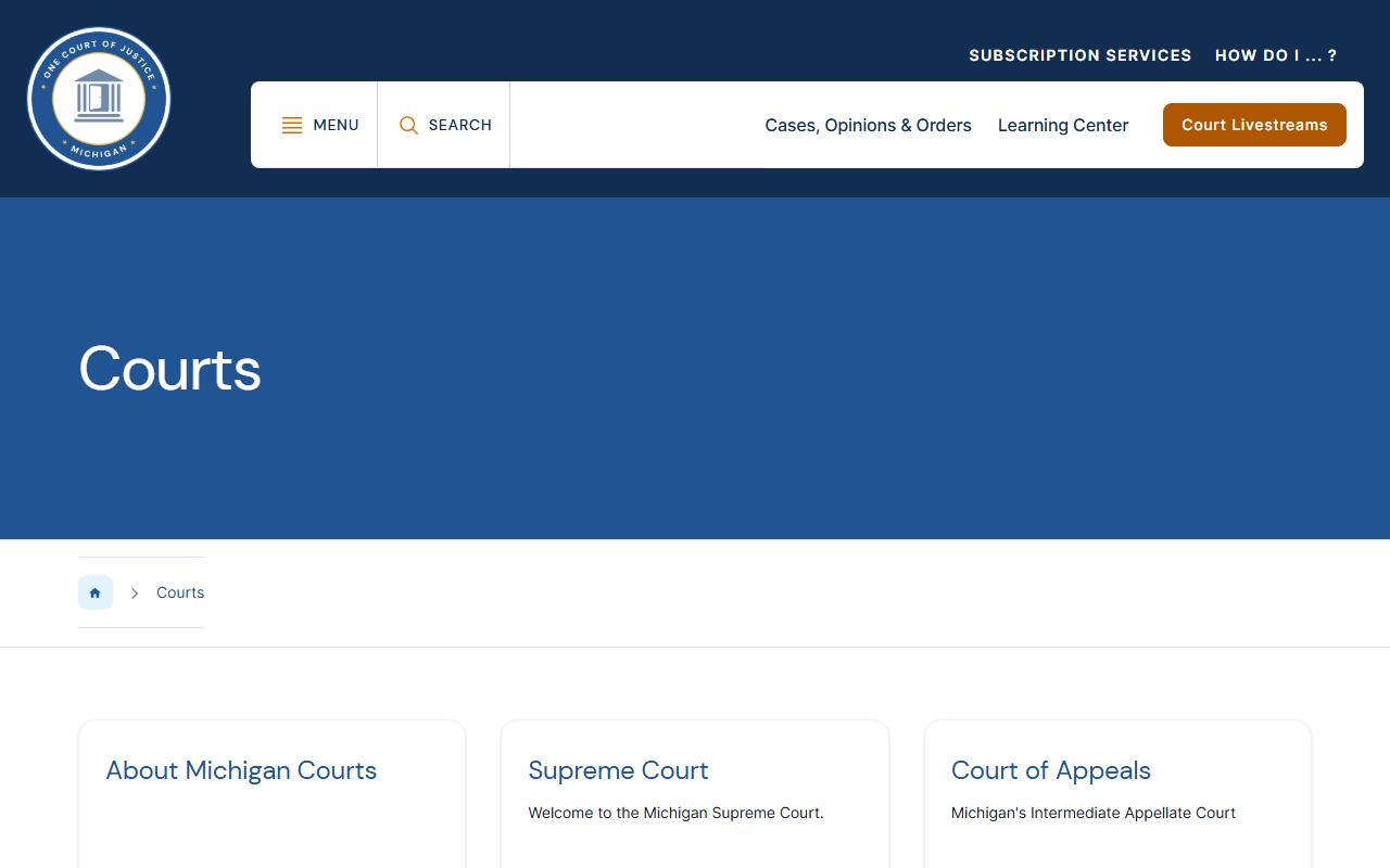 Michigan Courts structure page behind Mackinac County court records for circuit, district, and probate courts