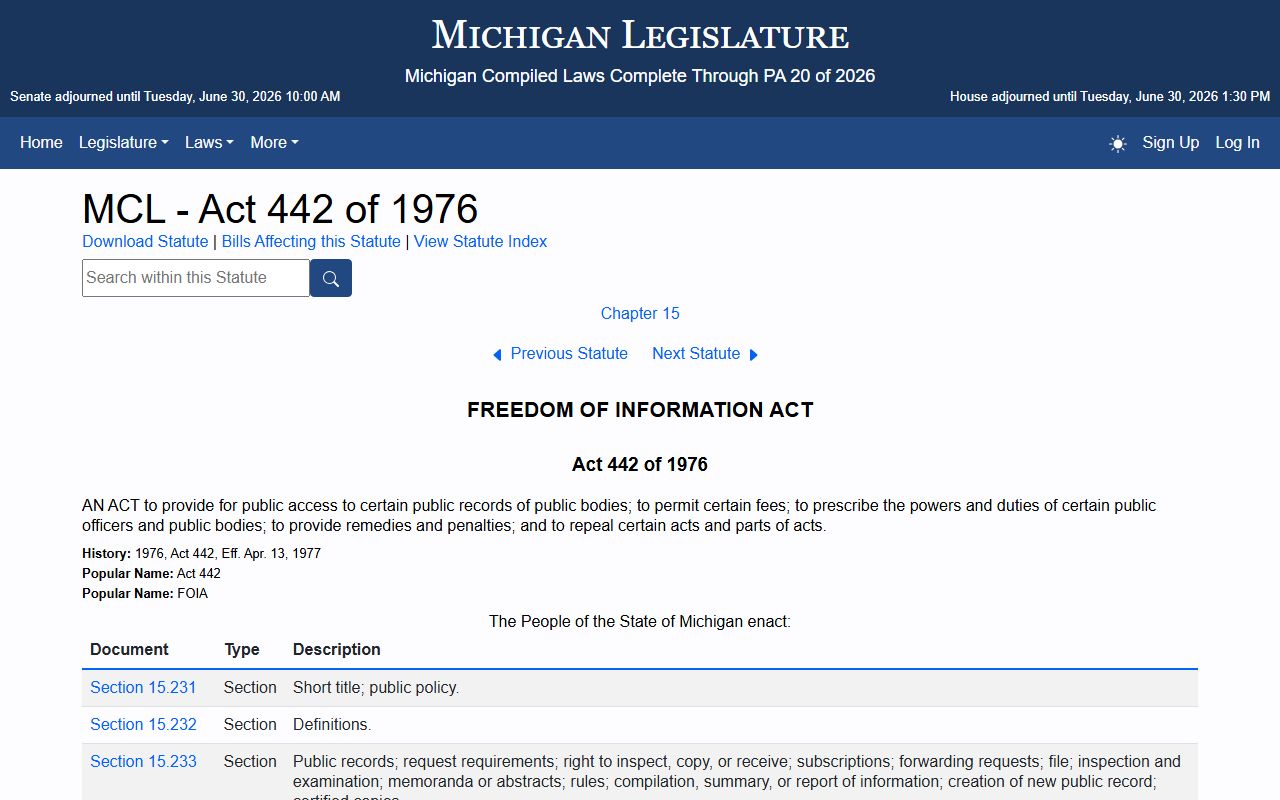Michigan Freedom of Information Act text governing Mackinac County court records requests