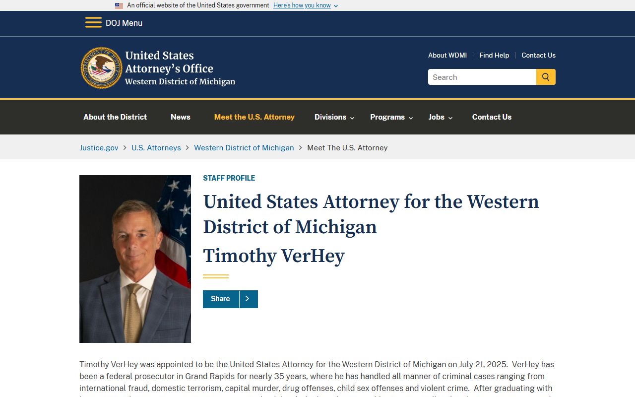 Mackinac County criminal court records U.S. Attorney profile page