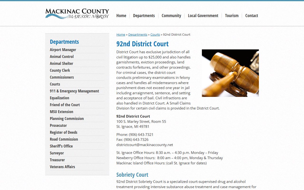 Mackinac County 92nd District Court page and court records