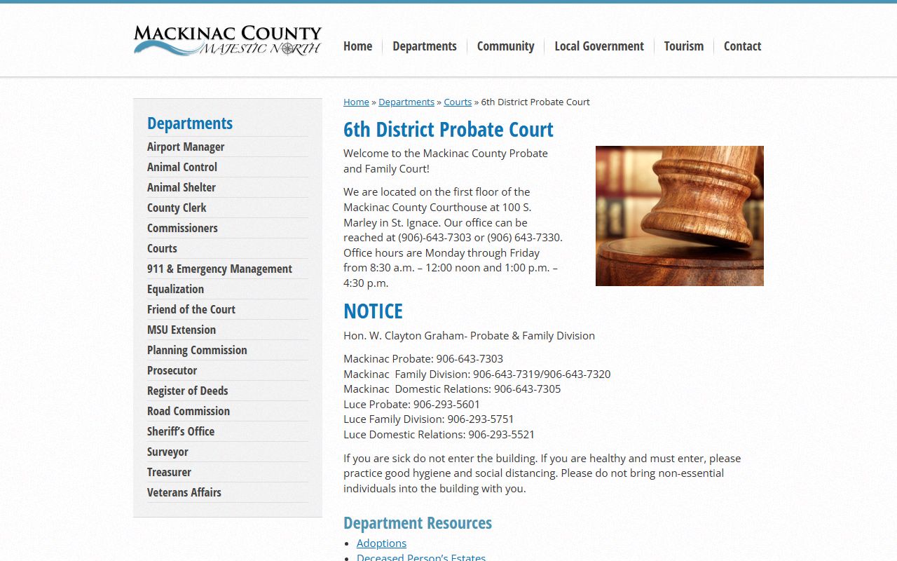 Mackinac County 6th District Probate Court page for estate and guardianship records
