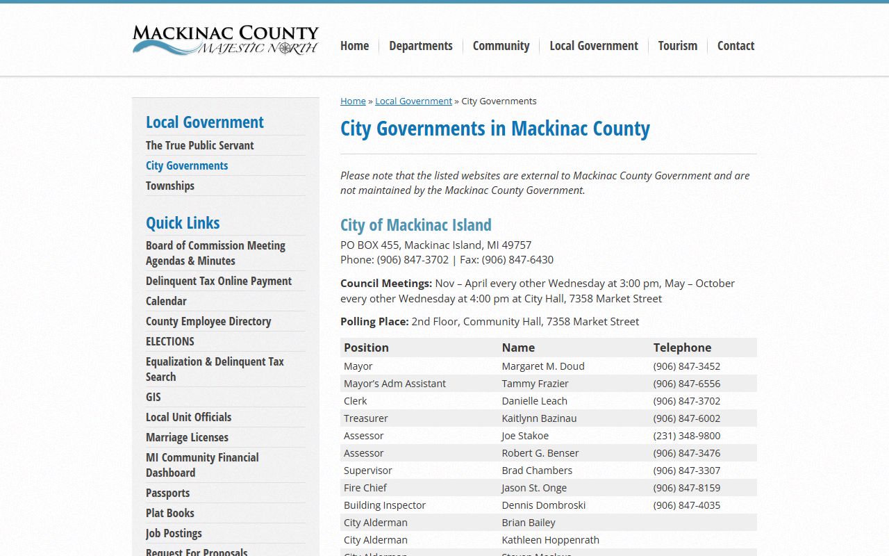 Mackinac County city government contacts page for St. Ignace and Mackinac Island