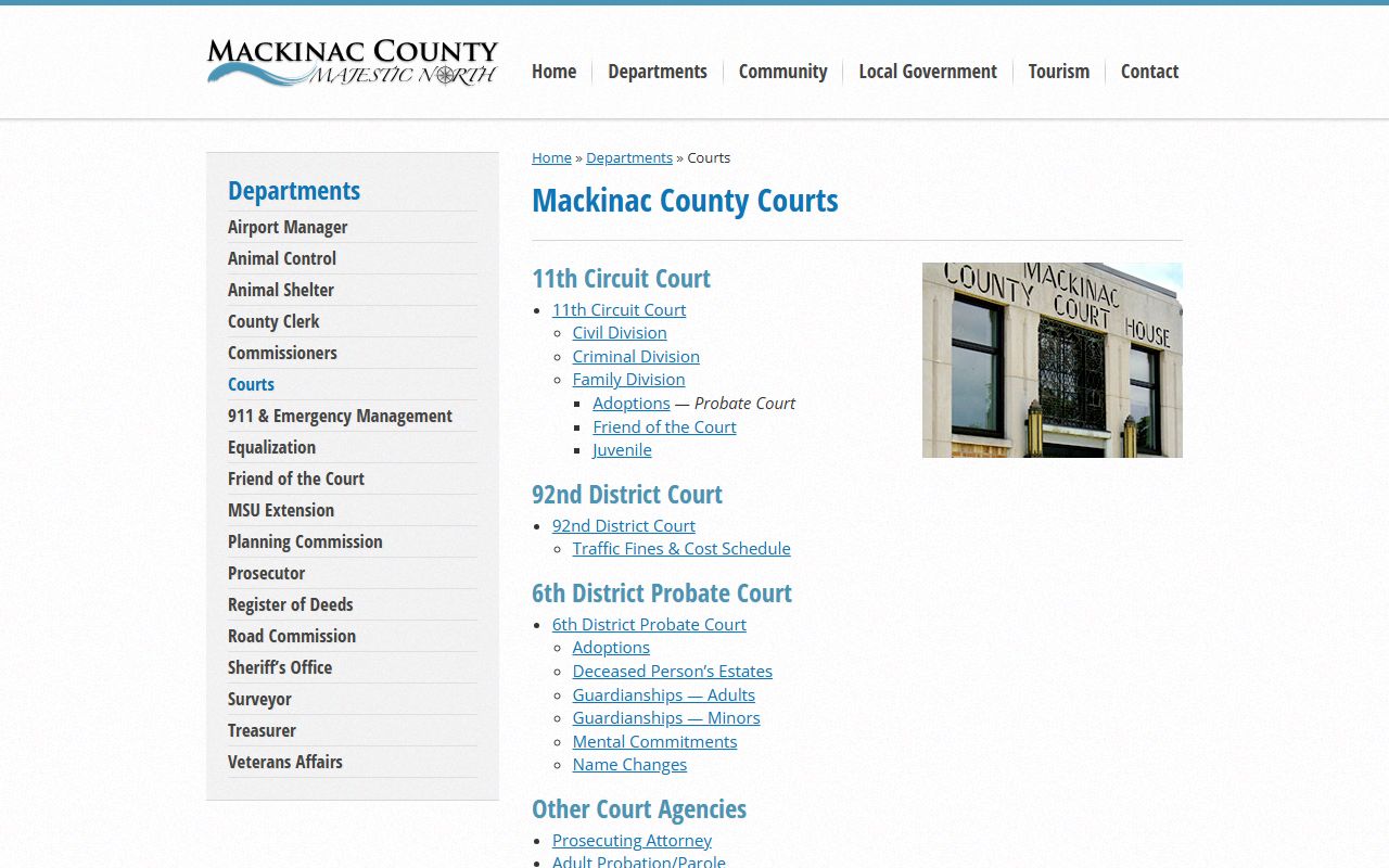 Mackinac County courts landing page listing circuit, district, and probate courts