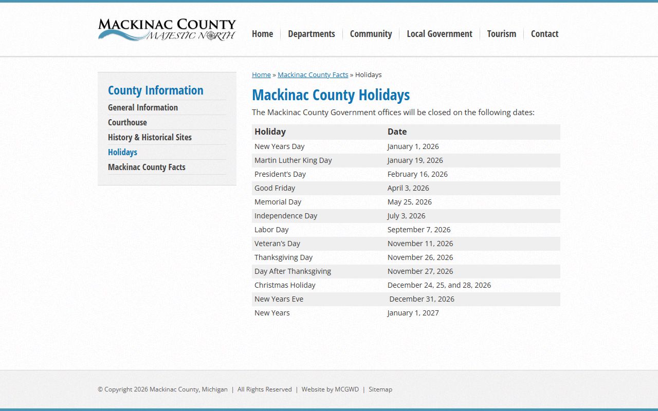 Mackinac County holiday schedule affecting courthouse record access