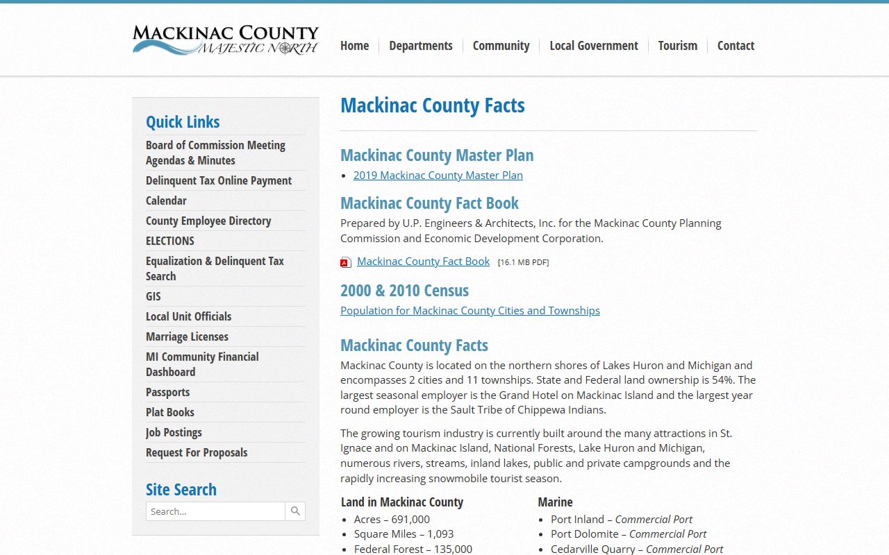 Mackinac County information page with population and geography facts