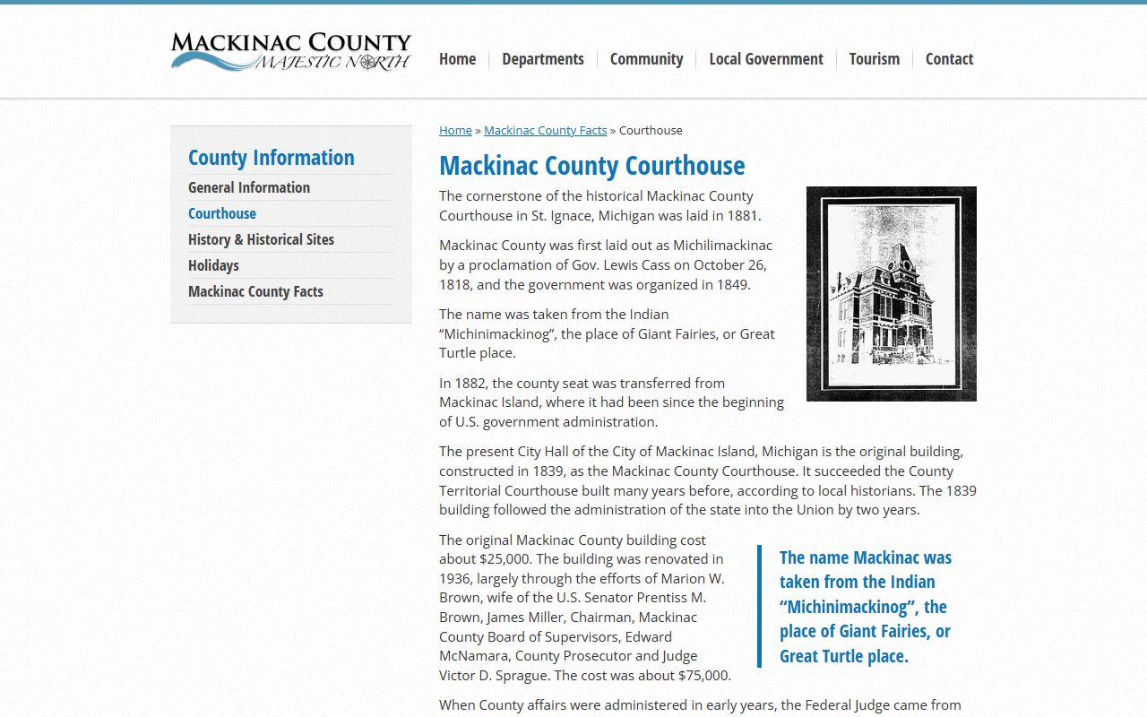 Mackinac County courthouse history page describing the 1839 original courthouse
