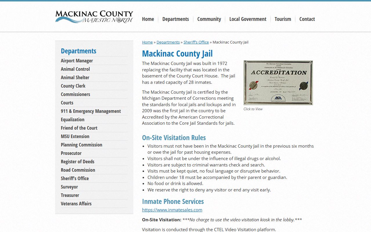 Mackinac County Jail page with capacity and certification for inmate records