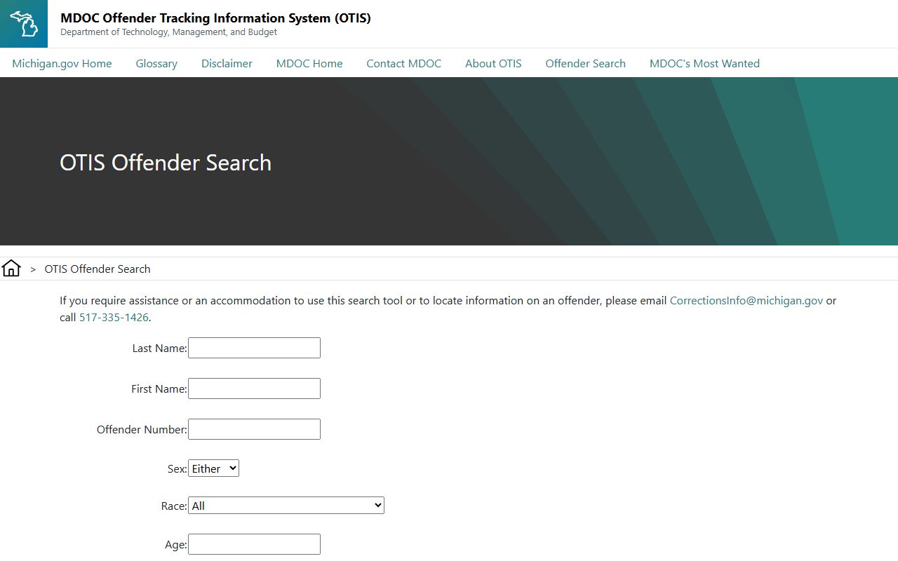 MDOC OTIS offender search fields used for Mackinac County inmate lookups