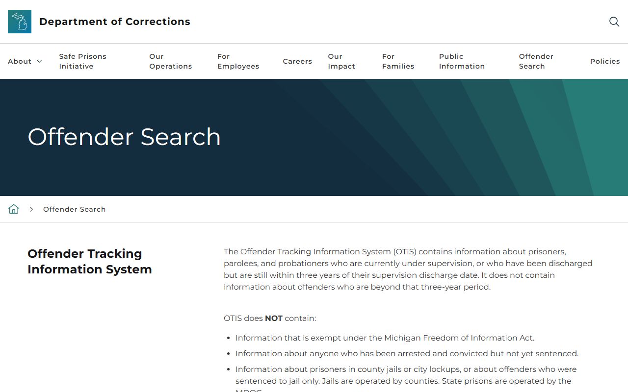 Michigan Corrections OTIS page for tracking Mackinac County inmates in state custody