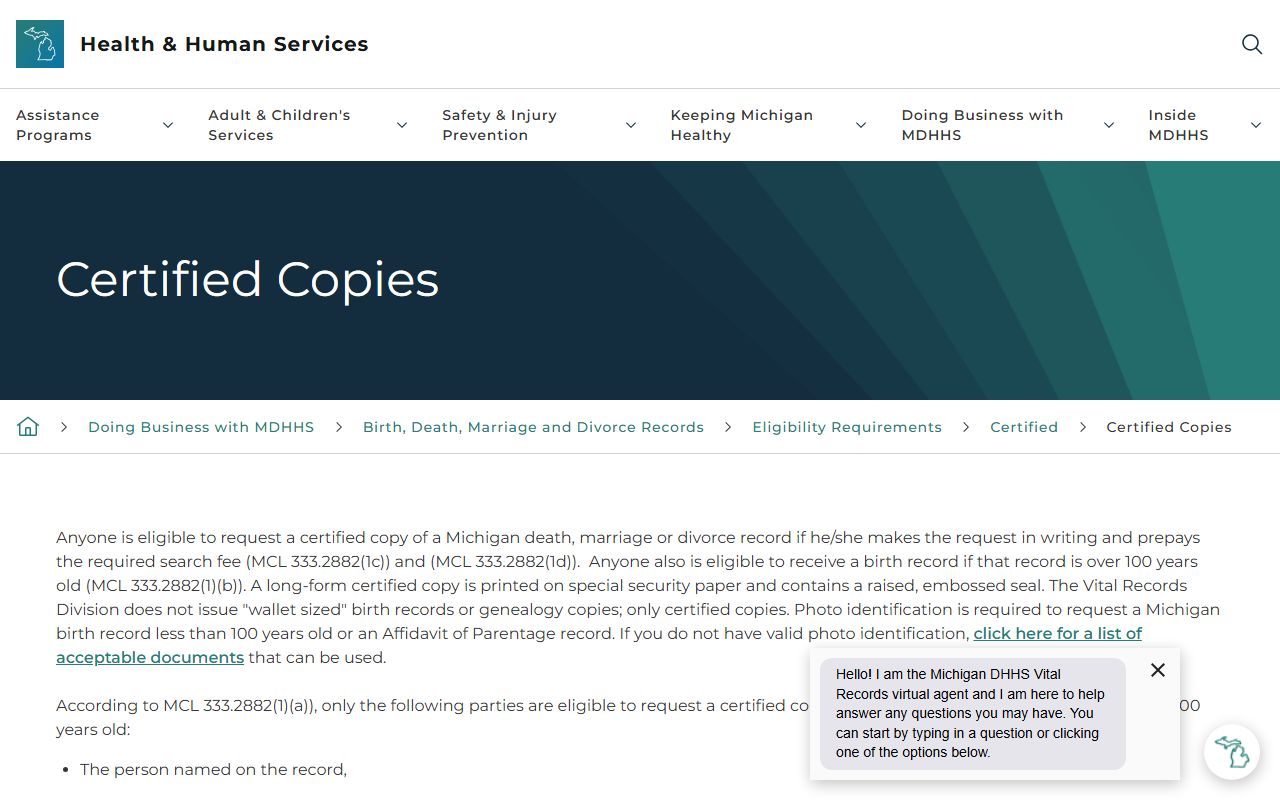 Michigan certified-copy eligibility page for Mackinac County marriage and divorce records