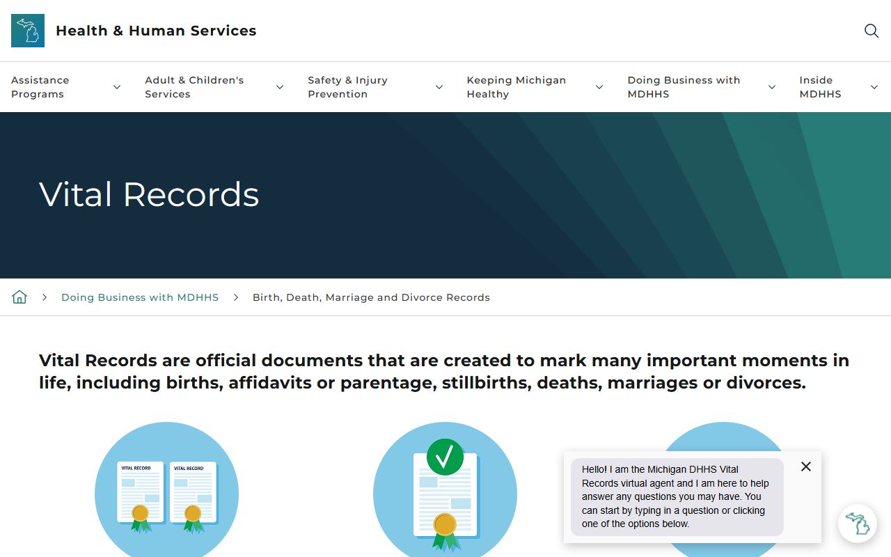 Michigan vital records page for Mackinac County marriage and divorce certificates