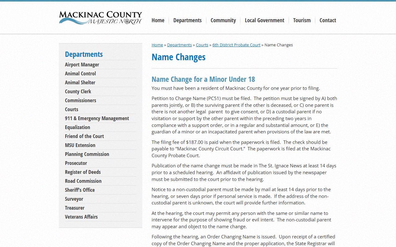 Mackinac County name change page with probate records fee detail