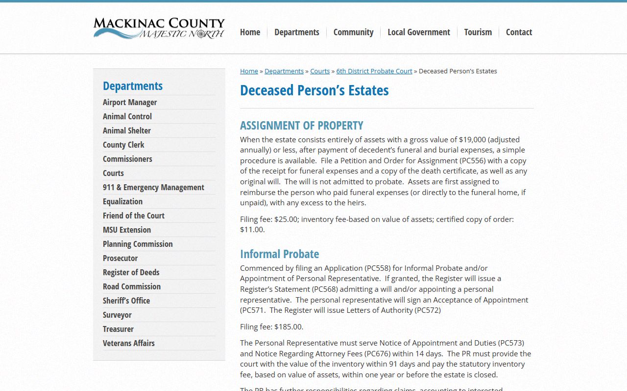 Mackinac County probate estates page with PC558 filing and fees