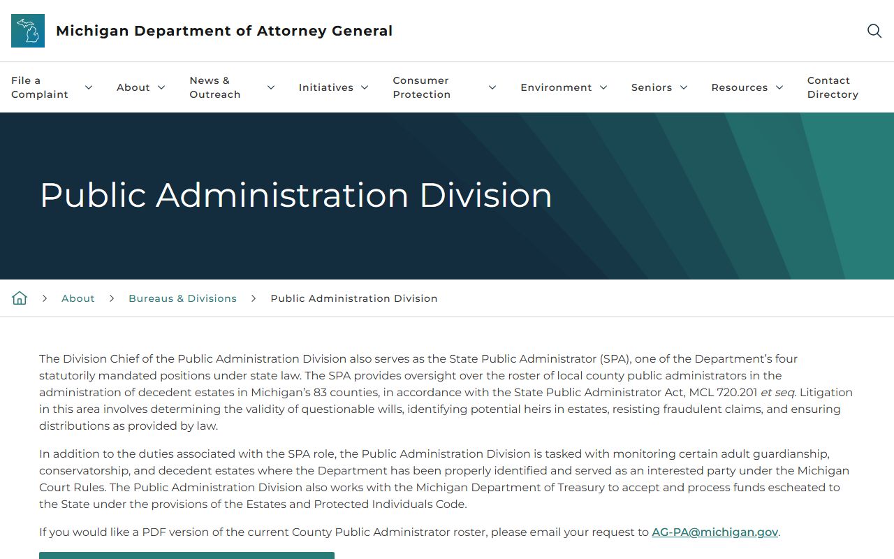 Michigan Public Administration Division list including Mackinac County probate records role