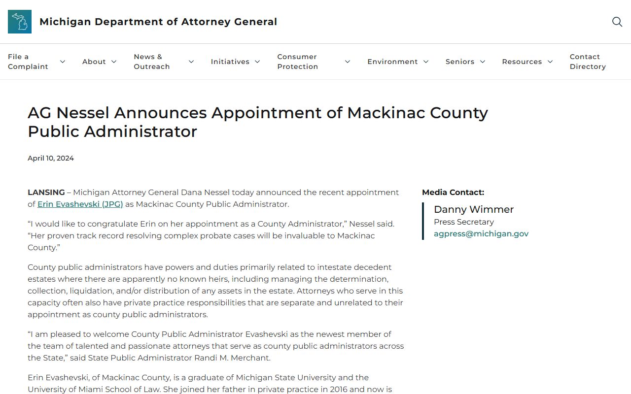 Mackinac County public administrator appointment for probate records
