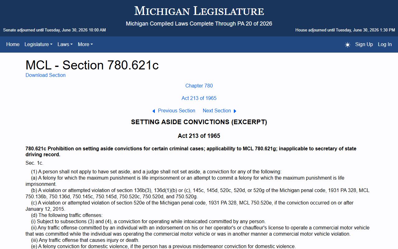 Michigan traffic-offense set-aside statute affecting Mackinac County records