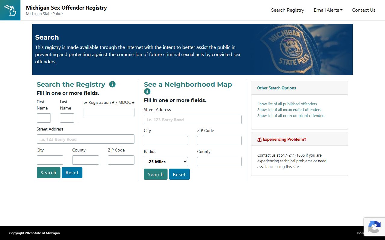 Michigan Sex Offender Registry search covering Mackinac County records