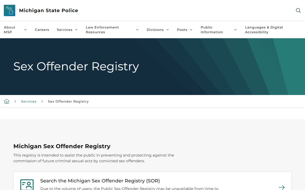 Michigan State Police sex offender registry information for Mackinac County searches